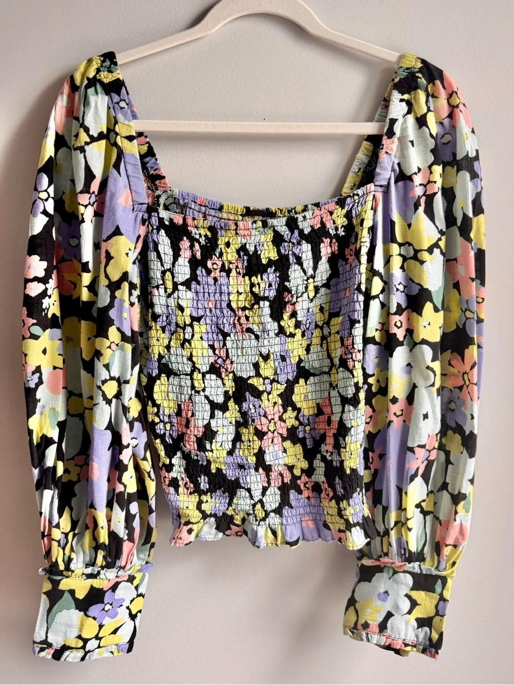 Free People Ariana Floral Smocked Square-Neck Top size Medium